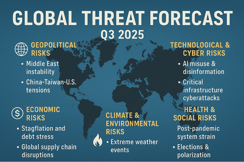 Q3 2025 will be marked by geopolitical flashpoints, cyber and infrastructure vulnerabilities, inflation-related stress in emerging markets, and increasingly severe climate-linked events. The convergence of armed conflict, economic fragility, and disruptive technologies makes this quarter especially volatile.